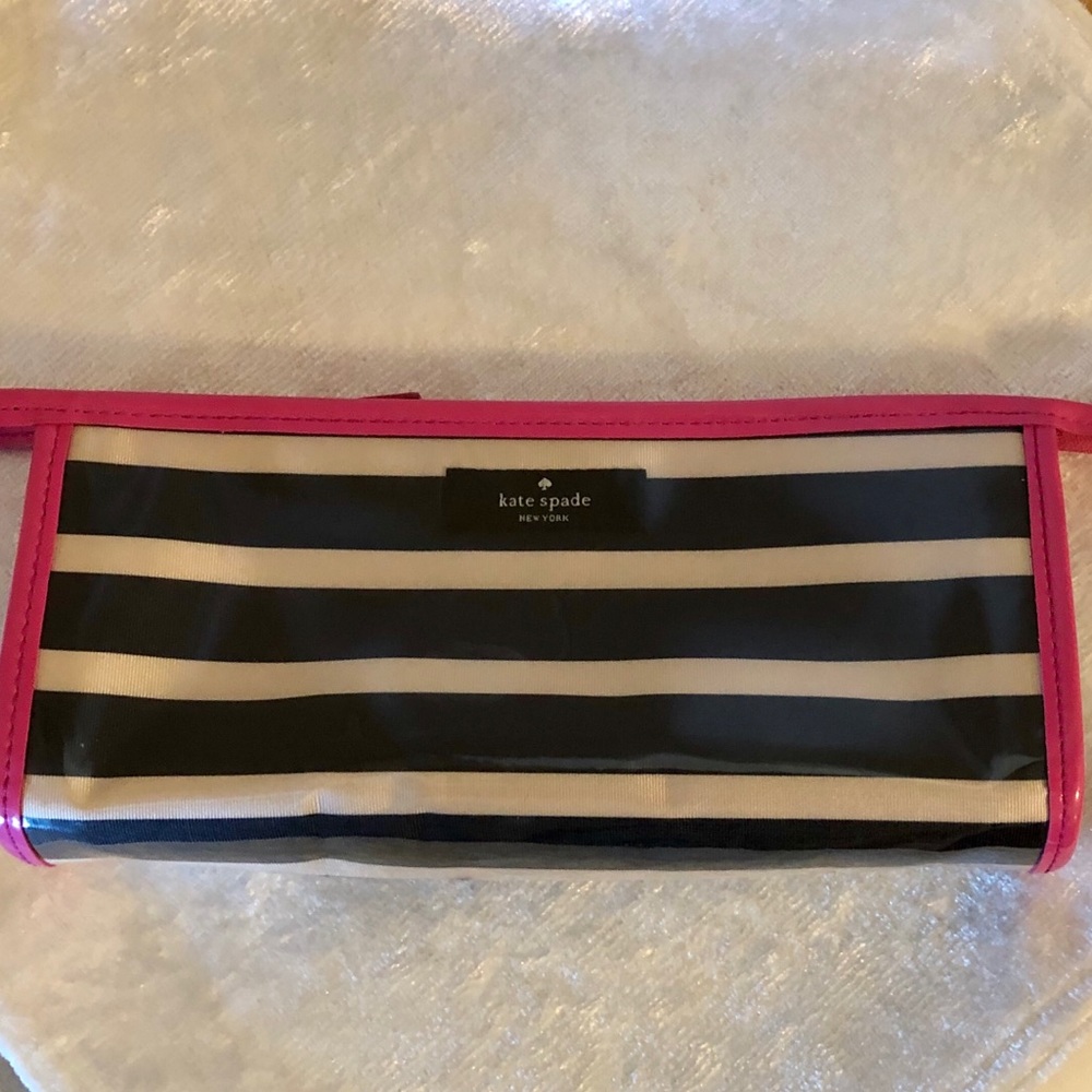kate spade Navy and White Striped Cosmetic Pouch with Pink Trim